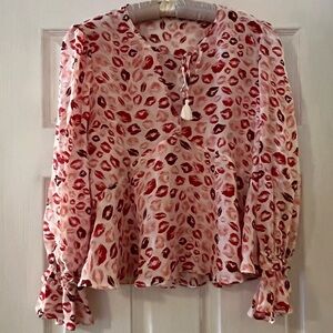 Rachel Zoe Pink and Red Lip Print Long Sleeve Silk Blouse